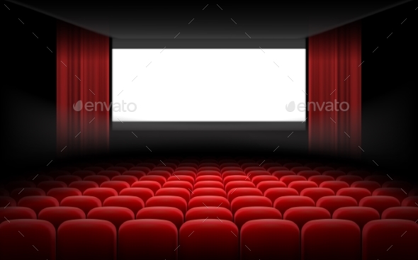 White Cinema Theatre Screen with Red Curtains - Man-made Objects Objects