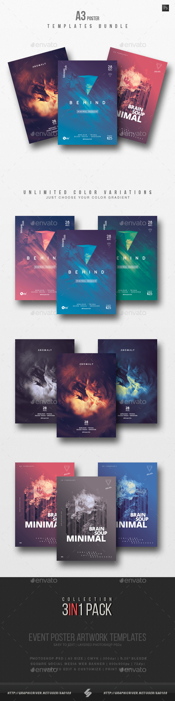 Minimal Sound vol.7 - Party Flyer / Poster Templates Bundle - Clubs & Parties Events