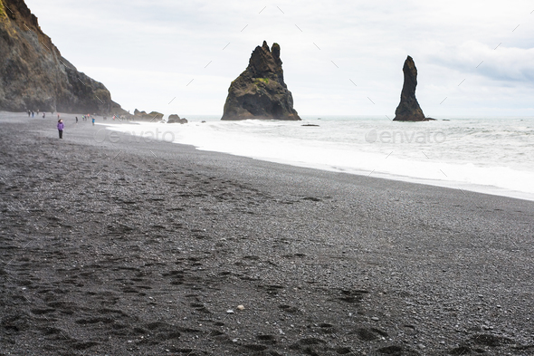 Reynisfjara Beach with Reynisdrangar stacks - Stock Photo - Images