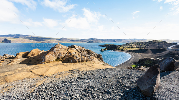 volcanic beach of Kleifarvatn lake in Iceland - Stock Photo - Images