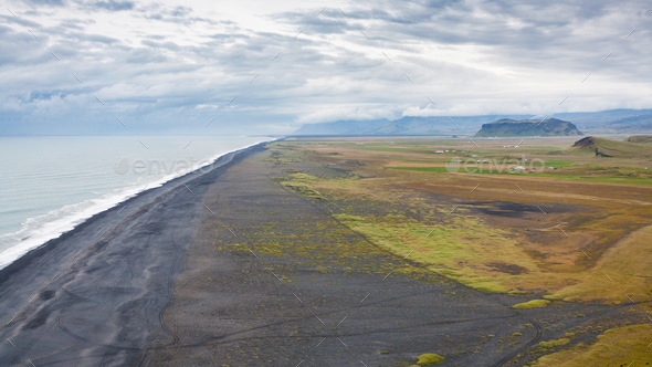 view of Solheimafjara seaside from Dyrholaey cape - Stock Photo - Images
