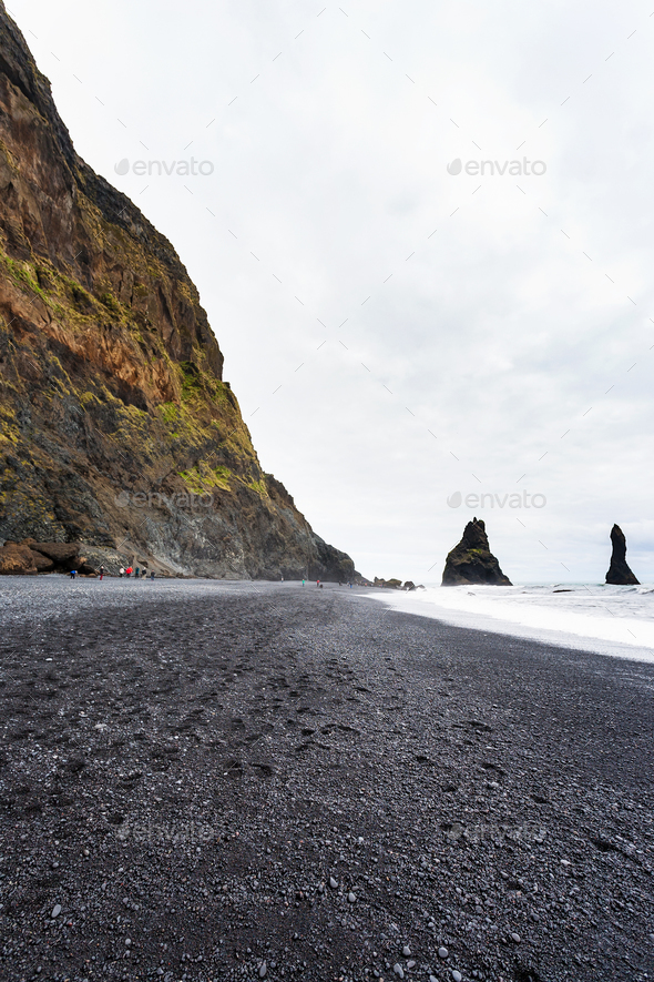Reynisfjara Beach with Reynisdrangar mountains - Stock Photo - Images