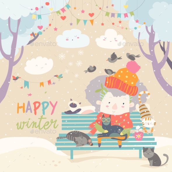 GraphicRiver Cute Old Woman with Kitten and Bird in Winter Park 21052838 GraphicRiver Cute Old Woman with Kitten and Bird in Winter Park 21052838