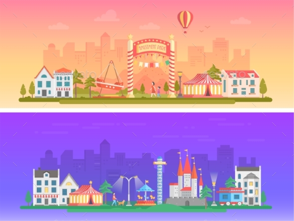 Day, Night Amusement Park - Set of Modern Flat - Web Elements Vectors