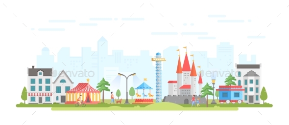 City with Amusement Park - Modern Flat Design - Web Elements Vectors