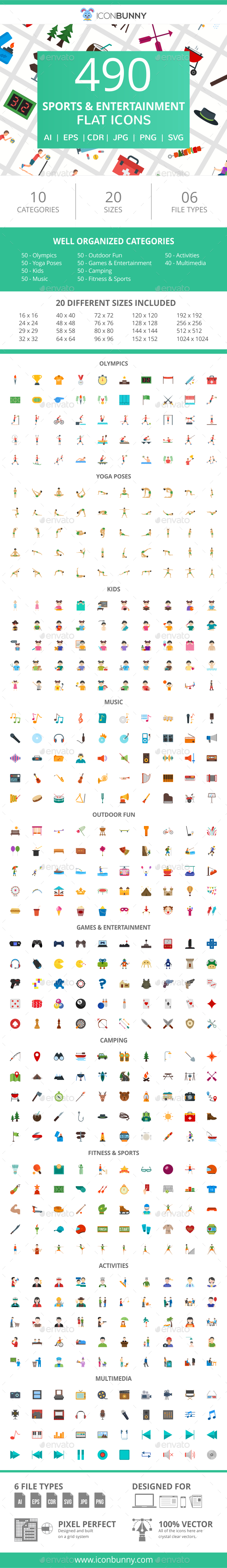 490 Sports & Entertainment Flat Icons - Icons