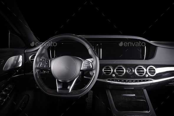 Car dashboard, modern luxury interior, steering wheel - Stock Photo - Images