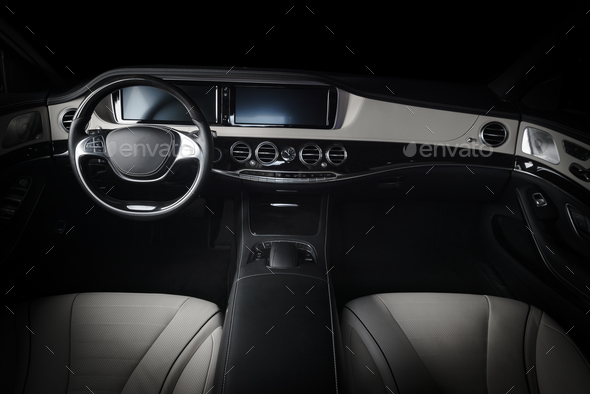 Car dashboard, modern luxury interior, steering wheel - Stock Photo - Images