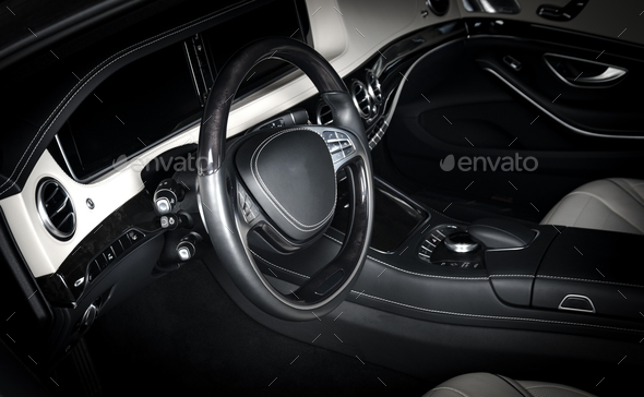 Car dashboard, modern luxury interior, steering wheel - Stock Photo - Images