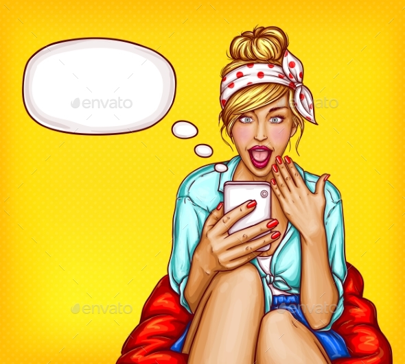 Young Girl with a Surprised Face Looking at Phone - Miscellaneous Vectors