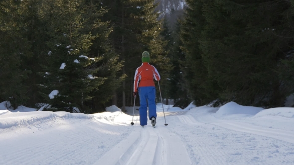 Lone Young Woman Cross Country Skiing