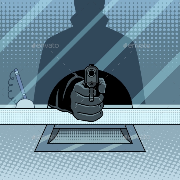 Bank Robbery with Gun Pop Art Vector Illustration