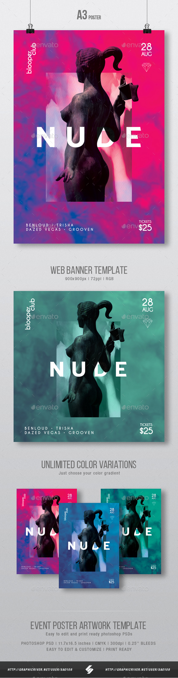 Nude - Creative Party Flyer / Poster Artwork Template A3 - Events Flyers