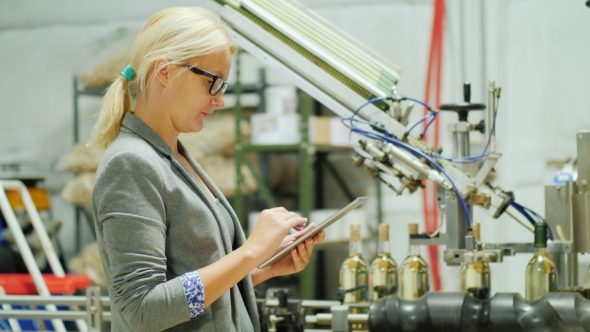 The Woman Uses a Tablet in the Winery Against the Background of the Conveyor alt