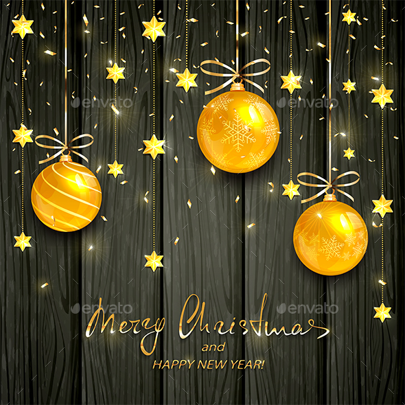 Gold Christmas Balls and Stars on Black Wooden Background - Christmas Seasons/Holidays