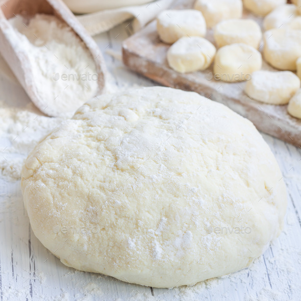 Making traditional russian, ukrainian cottage cheese "lazy" dumplings, square - Stock Photo - Images