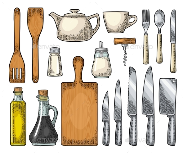Set of Kitchen Utensils Vector Vintage Engraving - Food Objects
