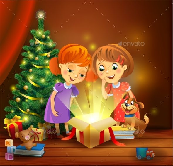 GraphicRiver Christmas Miracle Girls Opening a Magic Gift 21068291 GraphicRiver Christmas Miracle Girls Opening a Magic Gift 21068291