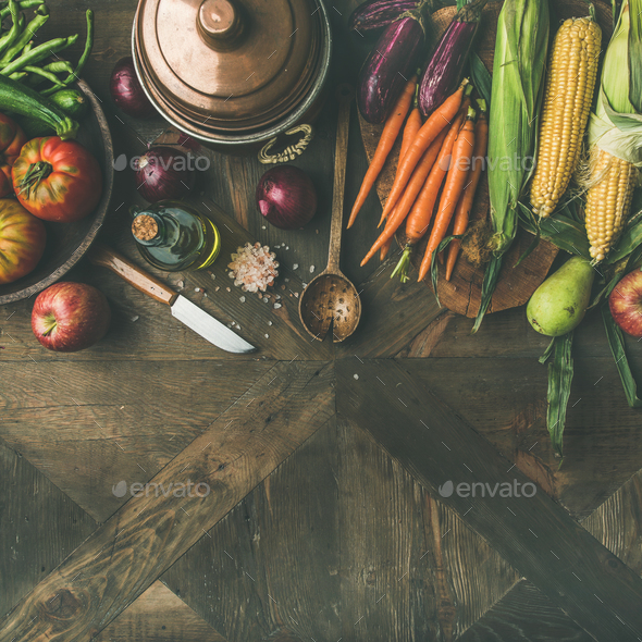Autumn ingredients for Thanksgiving day dinner preparation, square crop - Stock Photo - Images