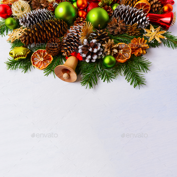 Christmas arrangement with fir branches and green balls, copy sp - Stock Photo - Images
