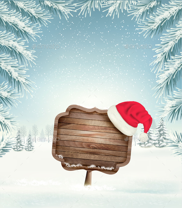 Christmas Holiday Background With Landscape and Santa Hat - Christmas Seasons/Holidays