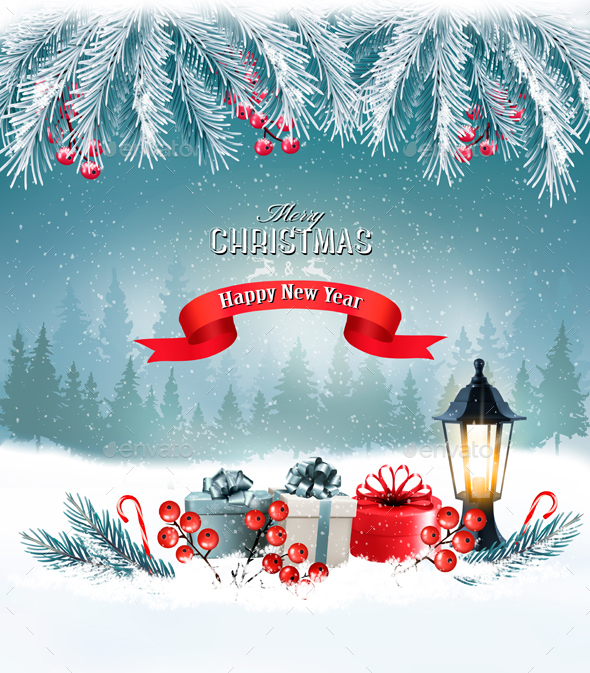 Christmas Holiday Background With Presents And Tree - Christmas Seasons/Holidays