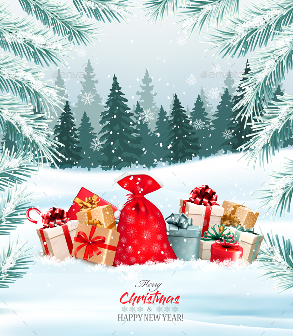 Christmas Holiday Background With Presents And Tree - Christmas Seasons/Holidays