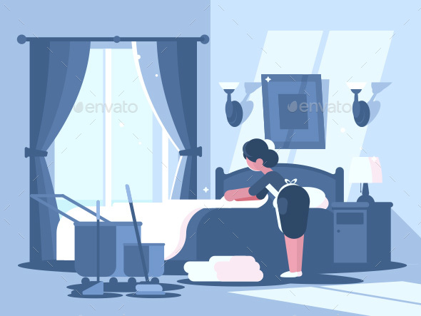 Maid Cleaning in Hotel Room - People Characters