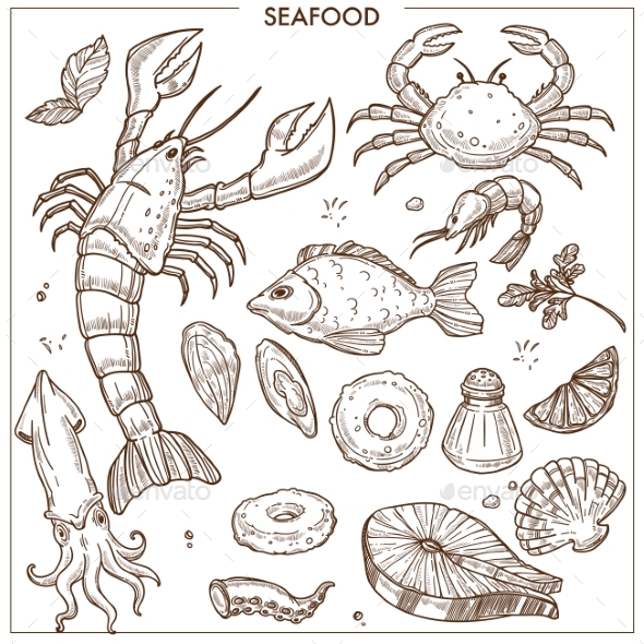 Seafood and Fresh Fish Sketch Icons Vector Set - Food Objects