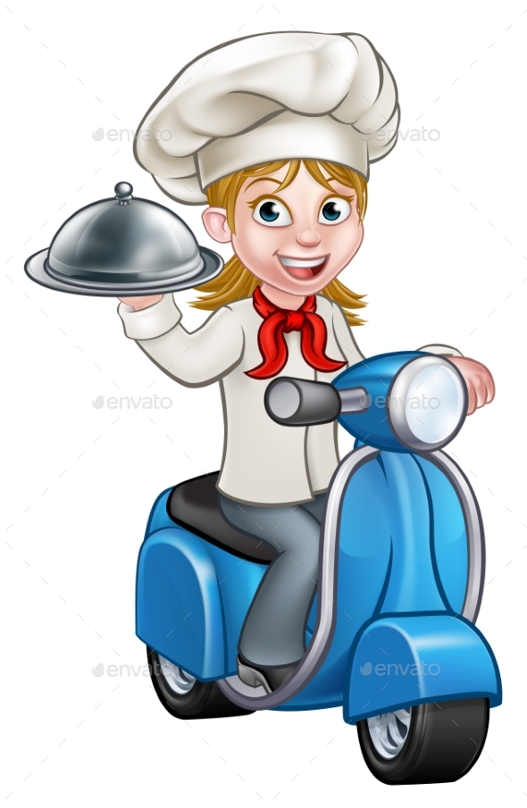 Cartoon Woman Delivery Scooter Chef