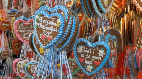 Traditional Colorful Gingerbread Heart Shaped at the Oktoberfest Festival, Bavaria, Germany alt