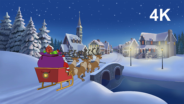 Animation Of Santa Claus And His Christmas Reindeer In Town