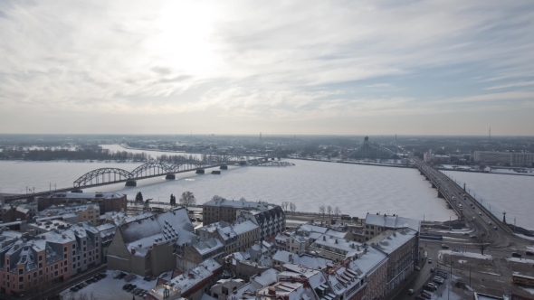 Riga Down Town Cathedral Dome Daugava River and Bridges in Winter alt