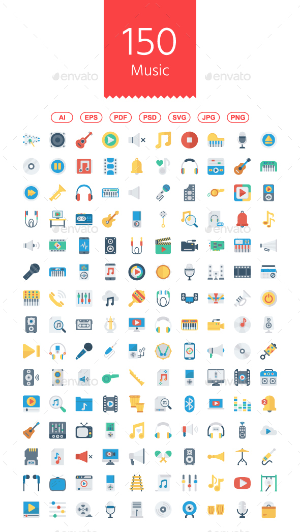150 Music, Audio, Video Flat Icons - Web Icons
