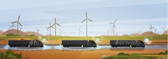 Group Of Black Cargo Truck With Trailers Driving - Man-made Objects Objects