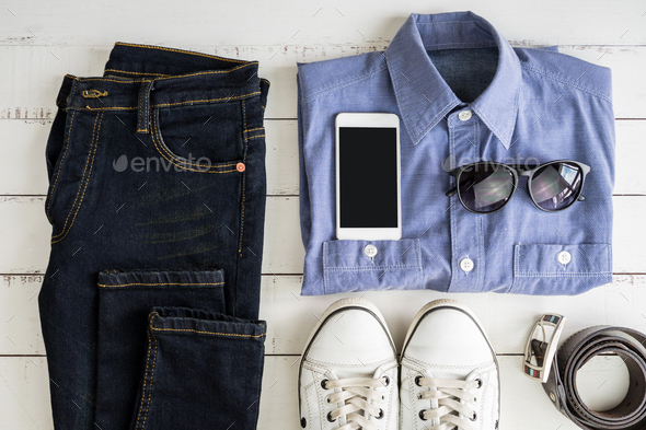 Men's casual outfits on white wooden background Stock Photo by kitzstocker