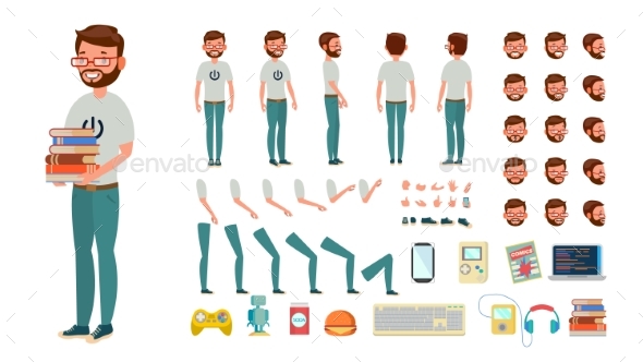 Geek Man Vector. Animated Character Creation Set - People Characters