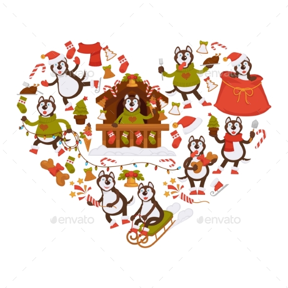Husky Dog and Christmas Attributes in Heart Shape - Seasons/Holidays Conceptual