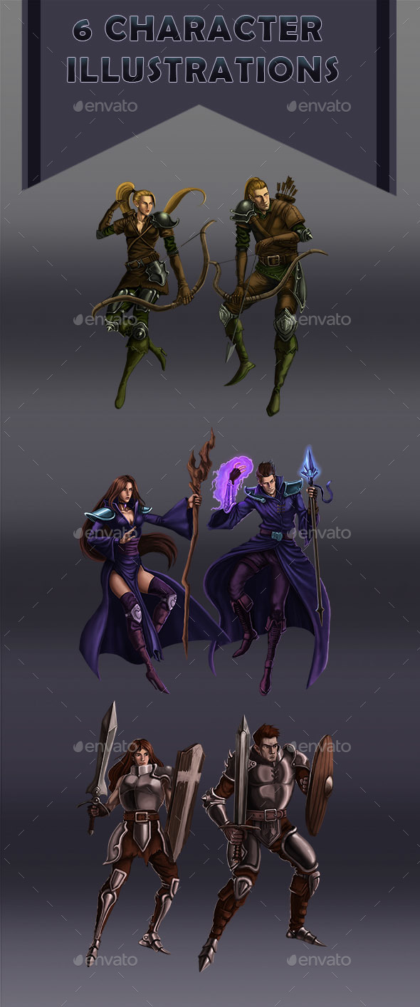 6 Character Illustrations - Mage Warrior and Archer - Miscellaneous Game Assets