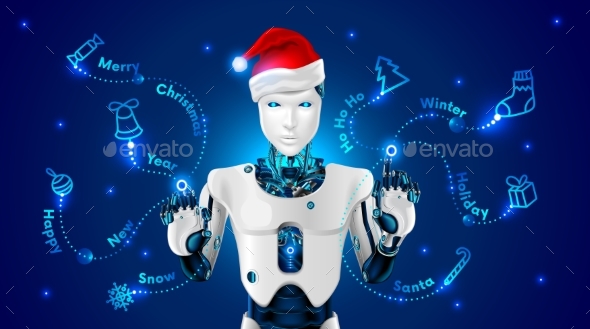 Robot in a Red Cap of Santa Claus Draws - Christmas Seasons/Holidays