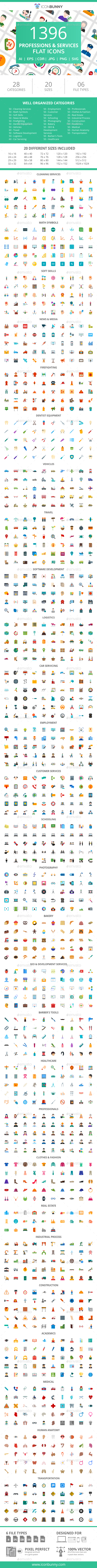 1396 Professions & Services Flat Icons - Icons