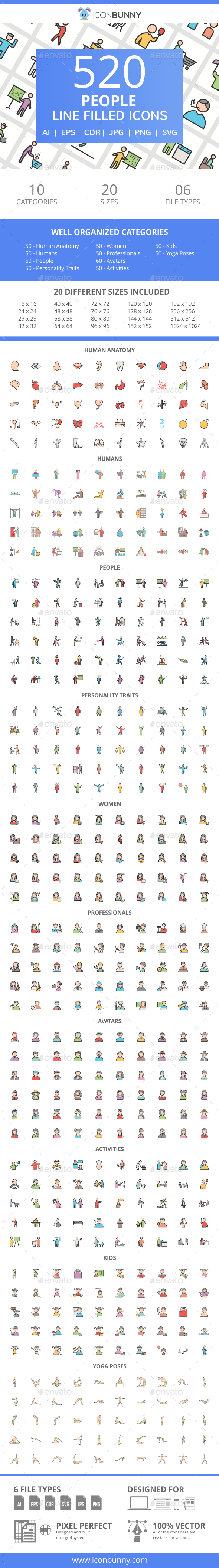 520 People Filled Line Icons - Icons