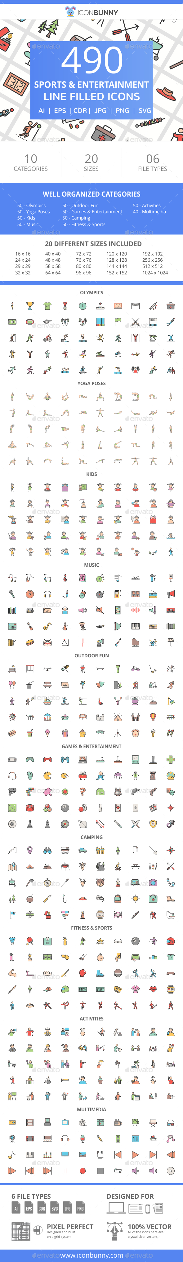 490 Sports & Entertainment Filled Line Icons - Icons