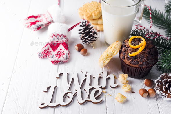 chocolate muffins with jug with milk - Stock Photo - Images