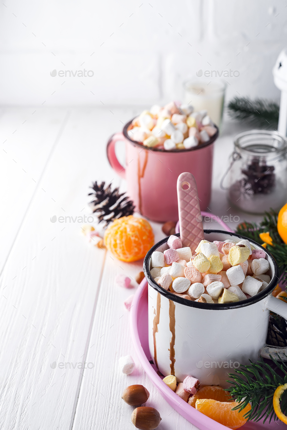 two cups with hot chocolate or cocoa with melted marshmallow - Stock Photo - Images