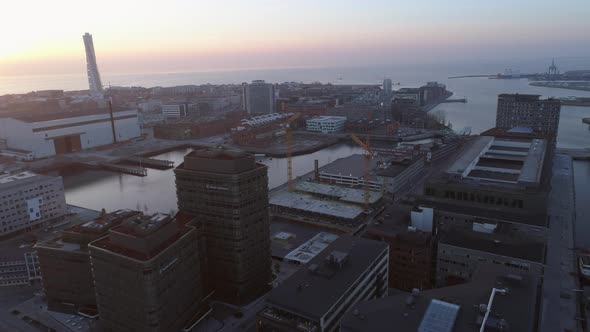 Aerial View of Malmö Cityscape at Sunset