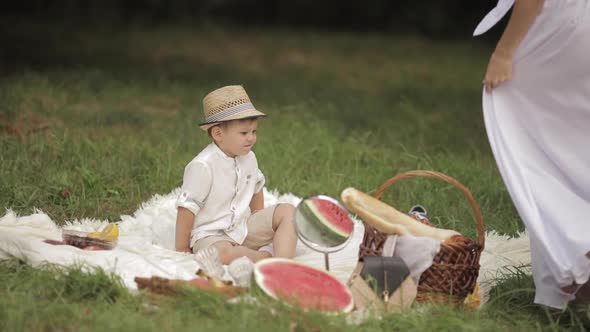 Boy Wiping His Hands at Picnic.