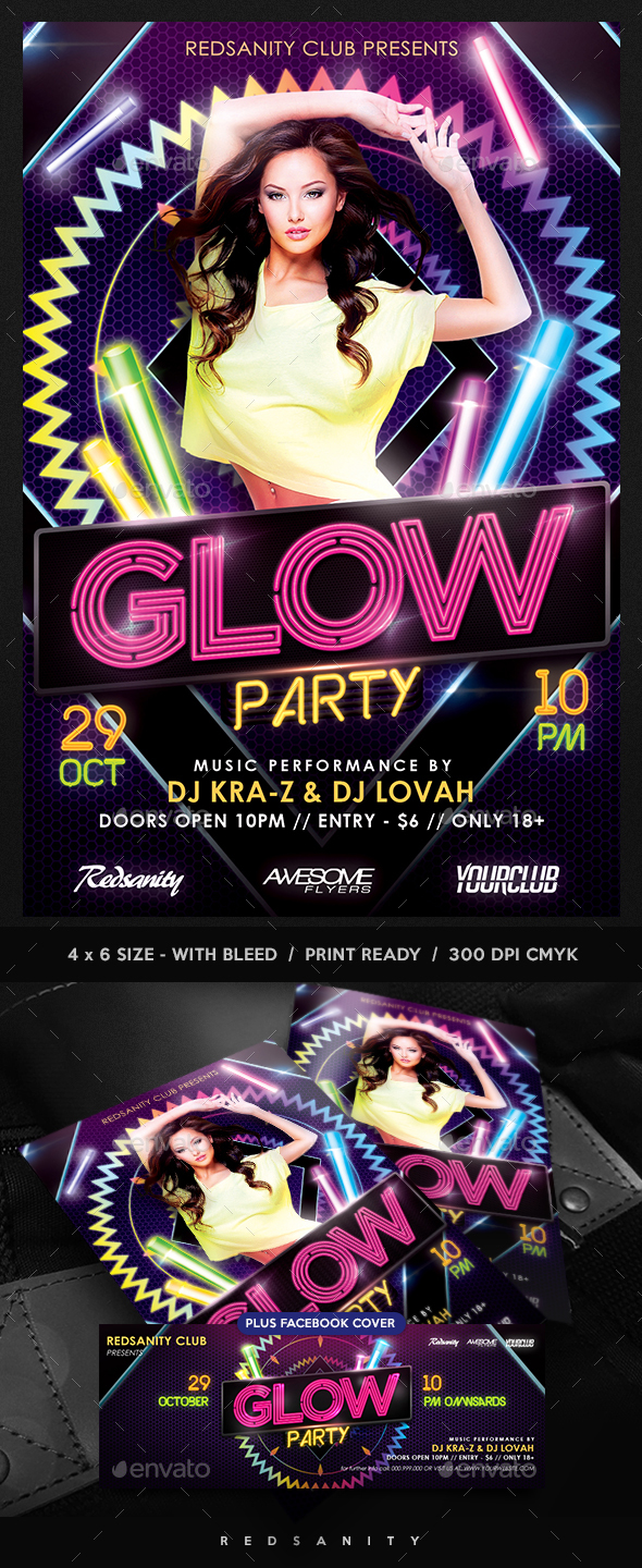 Glow Party Flyer plus FB Cover - Clubs & Parties Events