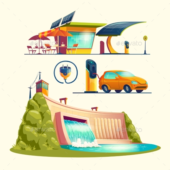 Alternative Energy Sources Cartoon Set - Miscellaneous Vectors