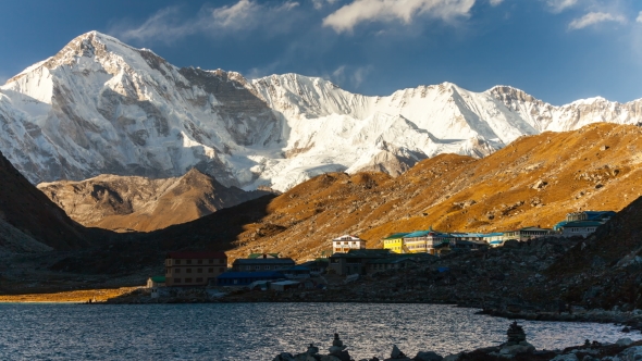 View To Gokyo, Lake Dudh Pokhari, Peak Gokyo Ri, Mount Cho Oyu. Himalayas. alt